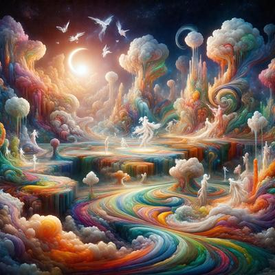 The primary subject of the image is a colorful, surreal landscape featuring a variety of characters and objects. The setting is a vibrant, imaginative world with a mix of natural elements and fantastical creatures. The visual style is a combination of digital art and illustration, creating a unique and captivating atmosphere. The dominant colors in the image are a mix of bright, warm hues, such as oranges, yellows, and pinks, which contribute to the overall cheerful and whimsical mood.